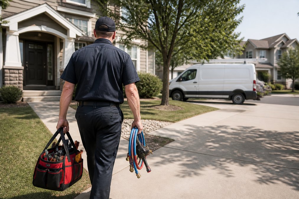 Licensed plumber in uniform carrying tools and equipment walking toward residential home with service van visible in driveway, daytime lighting