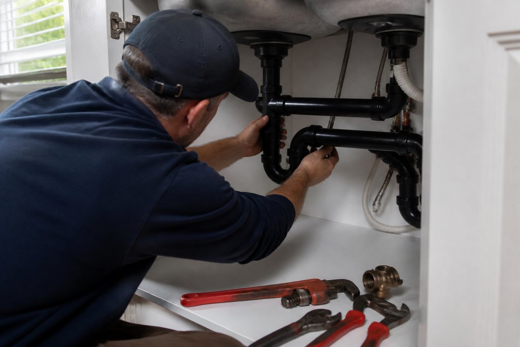 Professional plumber's hands inspecting pipe connections under sink cabinet, with wrenches and tools visible on work surface, natural lighting from window