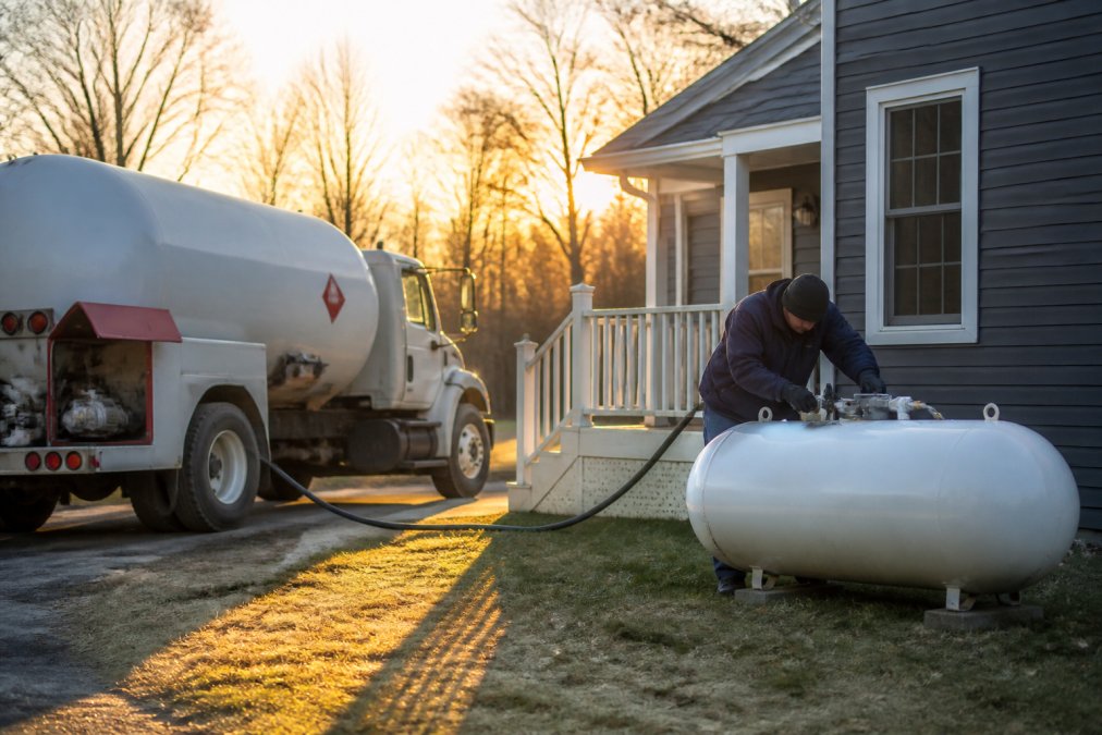 Propane delivery truck parked at residential home with technician in uniform preparing equipment for tank installation, early morning light casting long shadows