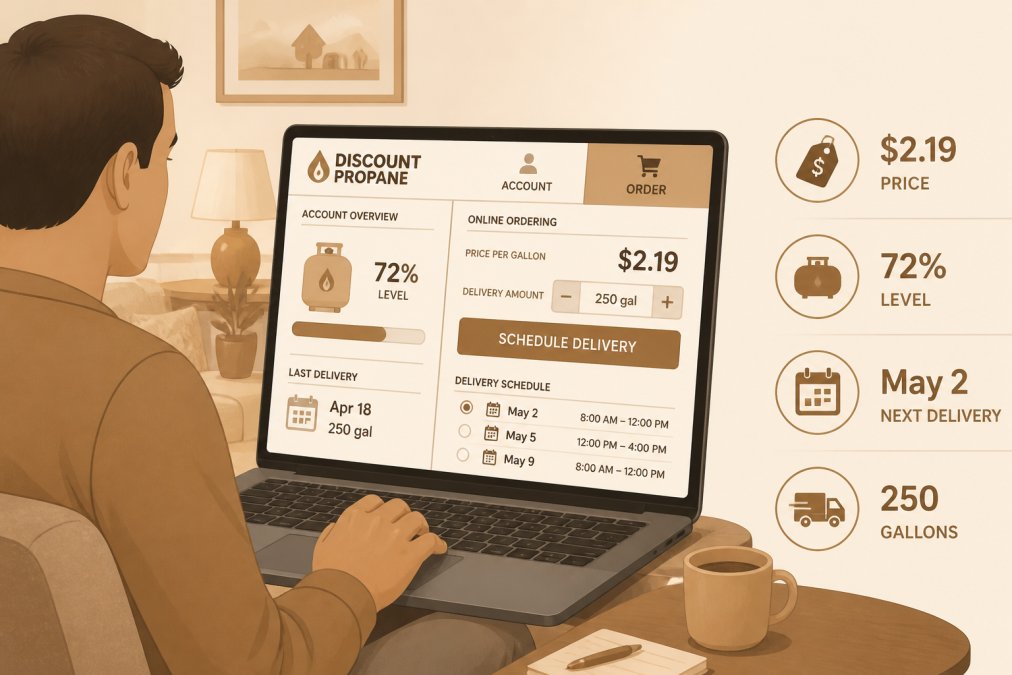 Homeowner reviewing propane account details on laptop in living room, showing online ordering interface and delivery schedule on screen