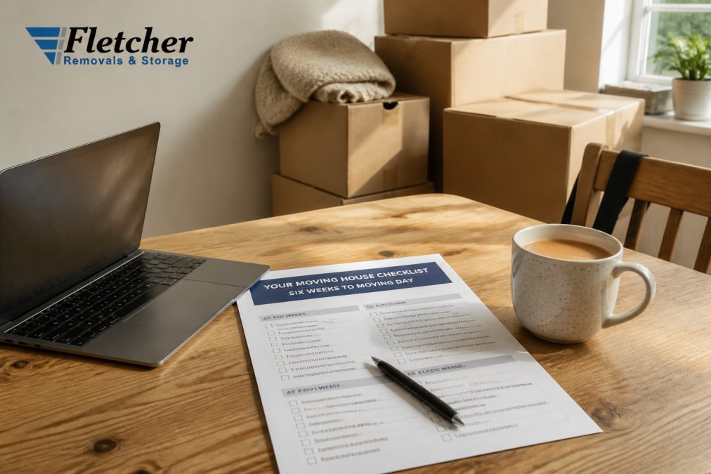 A kitchen table covered in a printed moving checklist, a laptop showing a calendar, a mug of tea, and a pen, with removal boxes stacked against a sunlit wall