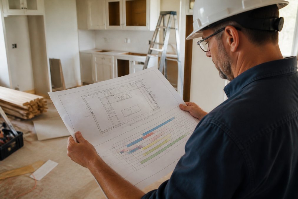 Professional contractor reviewing a detailed kitchen renovation project timeline and floor plan with color-coded trade schedules, showing plumbing, electrical, and carpentry phases in sequence