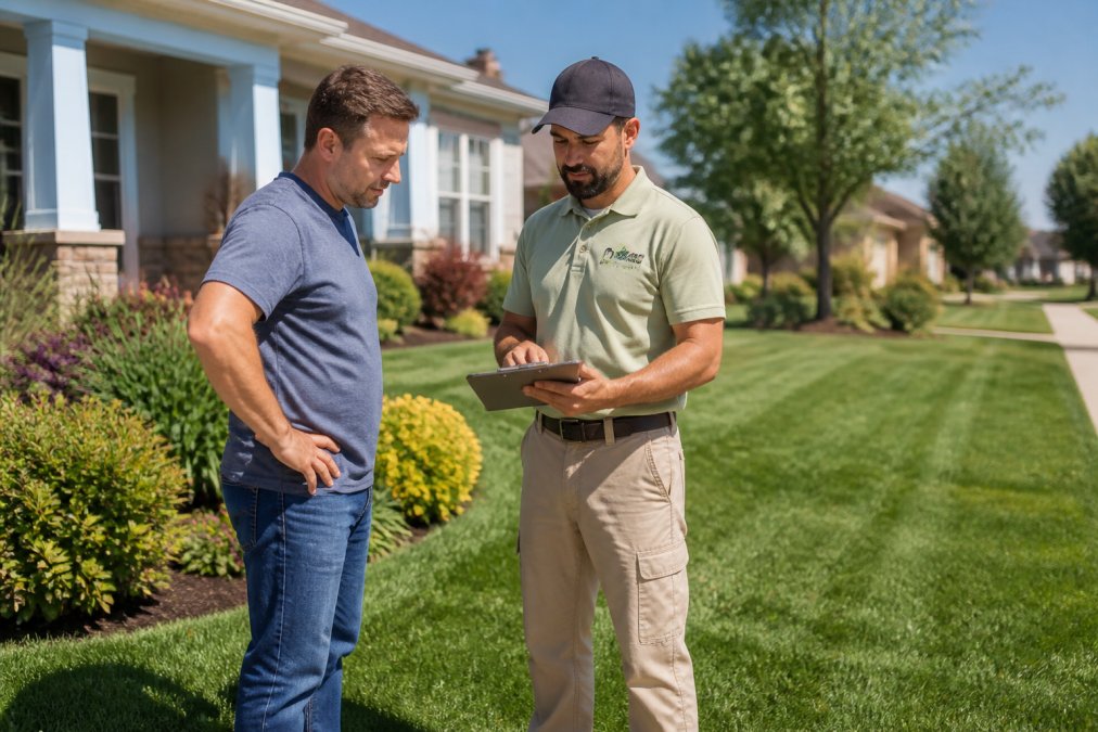 Homeowner discussing lawn mowing quotes with a professional in a sunny suburban front yard.