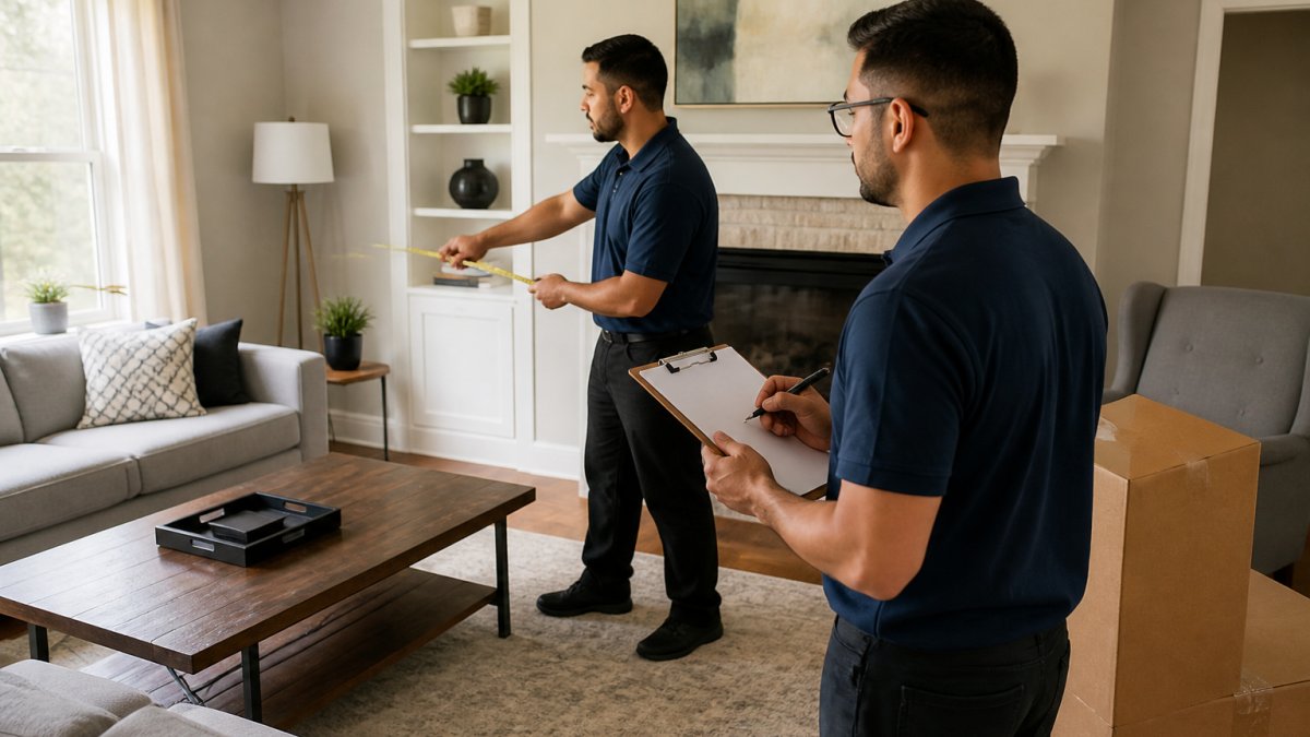 Professional movers taking measurements in a living room to determine local residential moving costs.