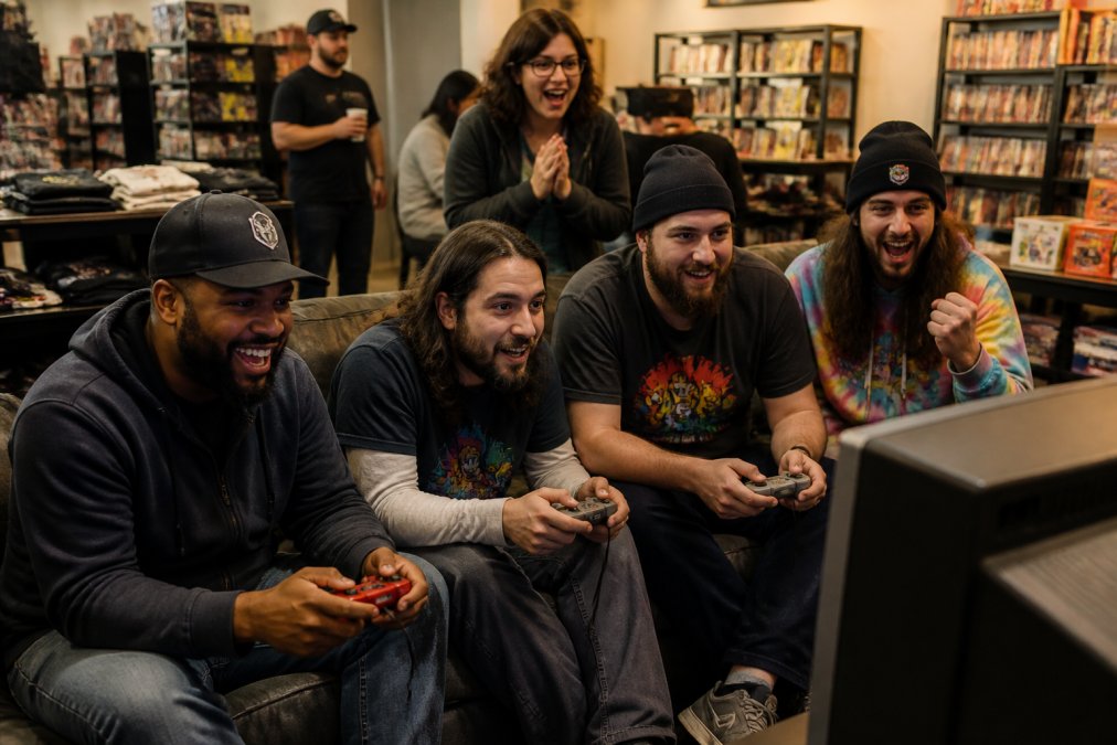 Diverse adults cheering while playing classic games in a retro gaming community lounge