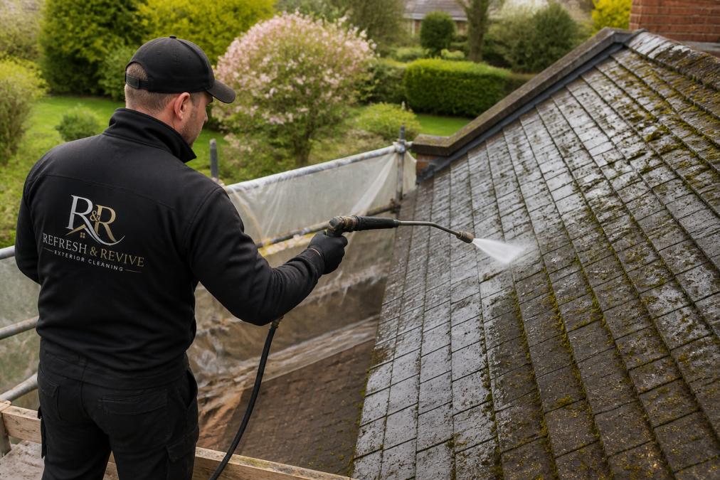 Professional cleaner using low-pressure soft washing equipment on a pitched roof with visible moss and algae, property landscape protected in background with plastic sheeting