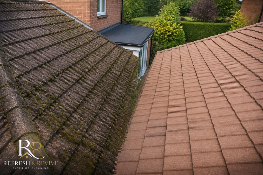Before and after comparison of roof restoration showing moss and grime removal, with property landscape visibly protected and property value enhanced