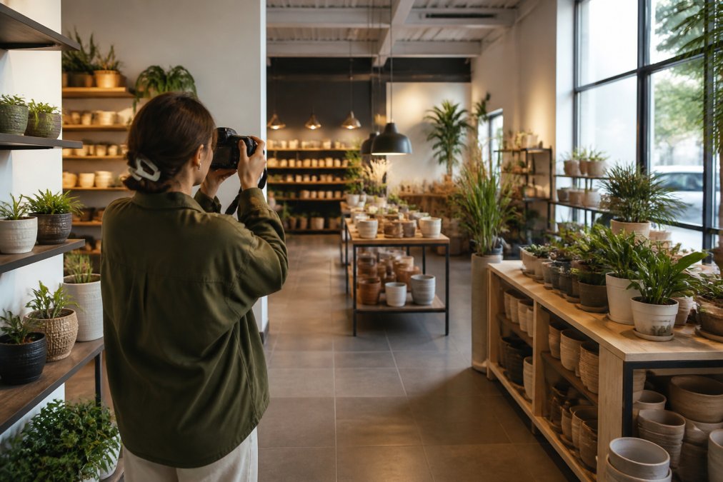 Small business owner photographing their storefront interior with professional natural lighting, capturing product displays and service area details from multiple angles
