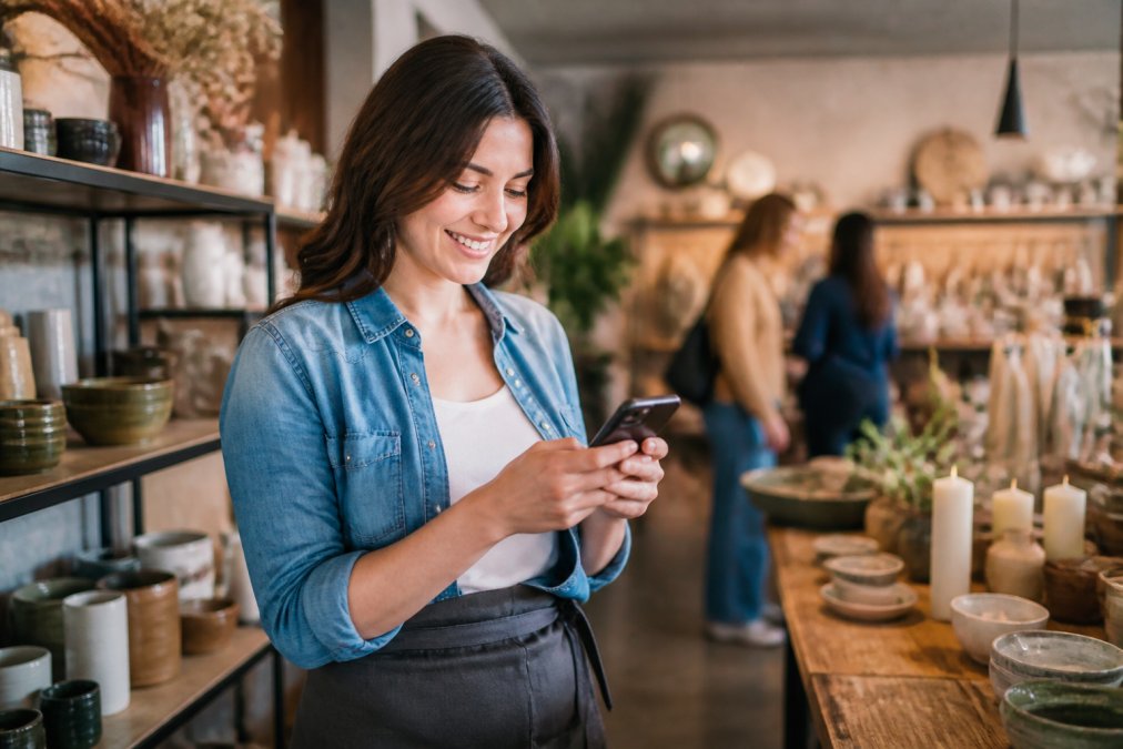 Small business owner checking their Google Business Profile on a smartphone with a satisfied expression, standing in their shop surrounded by products and customers