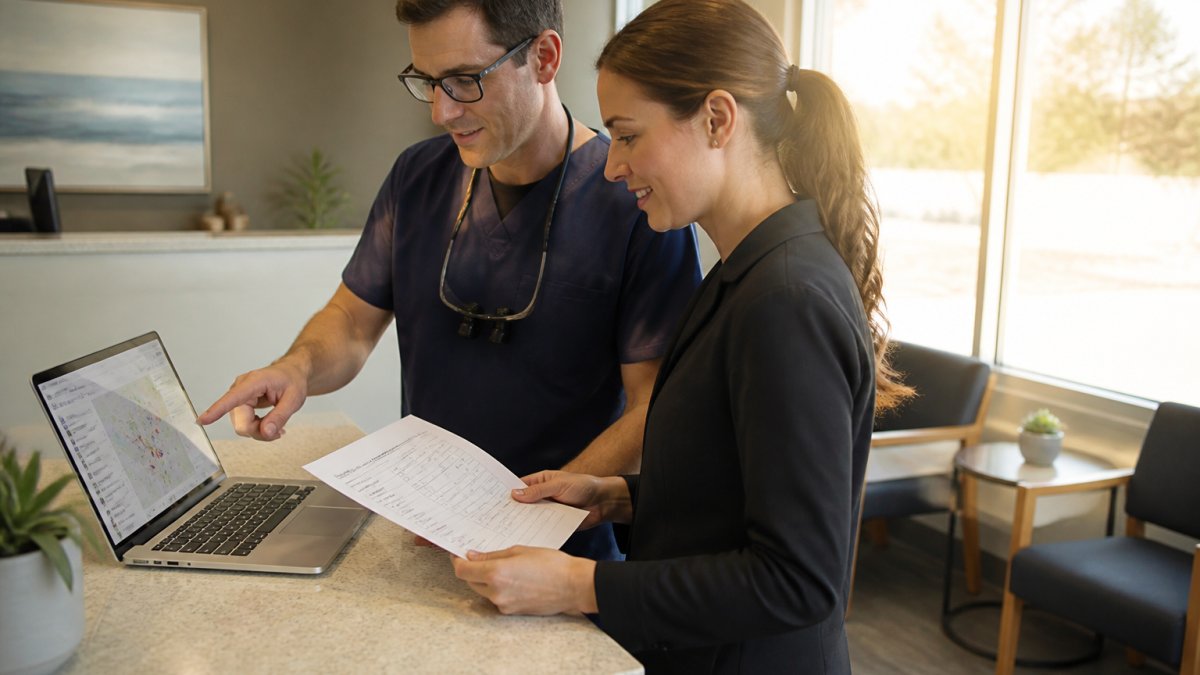 A dentist and office manager reviewing a printed checklist at a clinic reception desk, pointing at a laptop screen with a map of local search results visible, soft afternoon light through the window