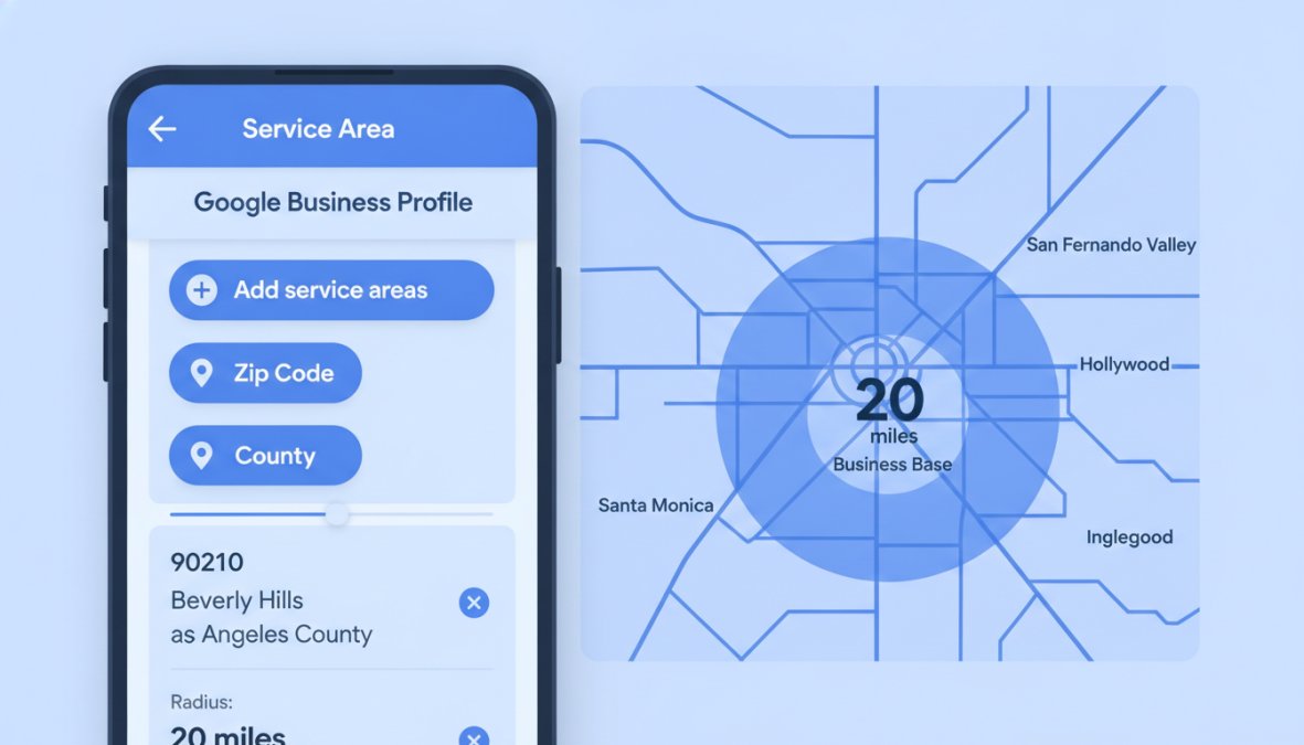 Close-up of a smartphone screen displaying Google Business Profile with service area coverage map highlighted in blue, showing multiple city selections and hidden address setting