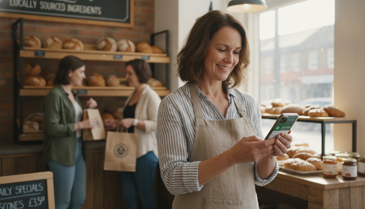 Small business owner checking smartphone while standing in their shop with customers browsing products in the background, natural daylight streaming through storefront windows