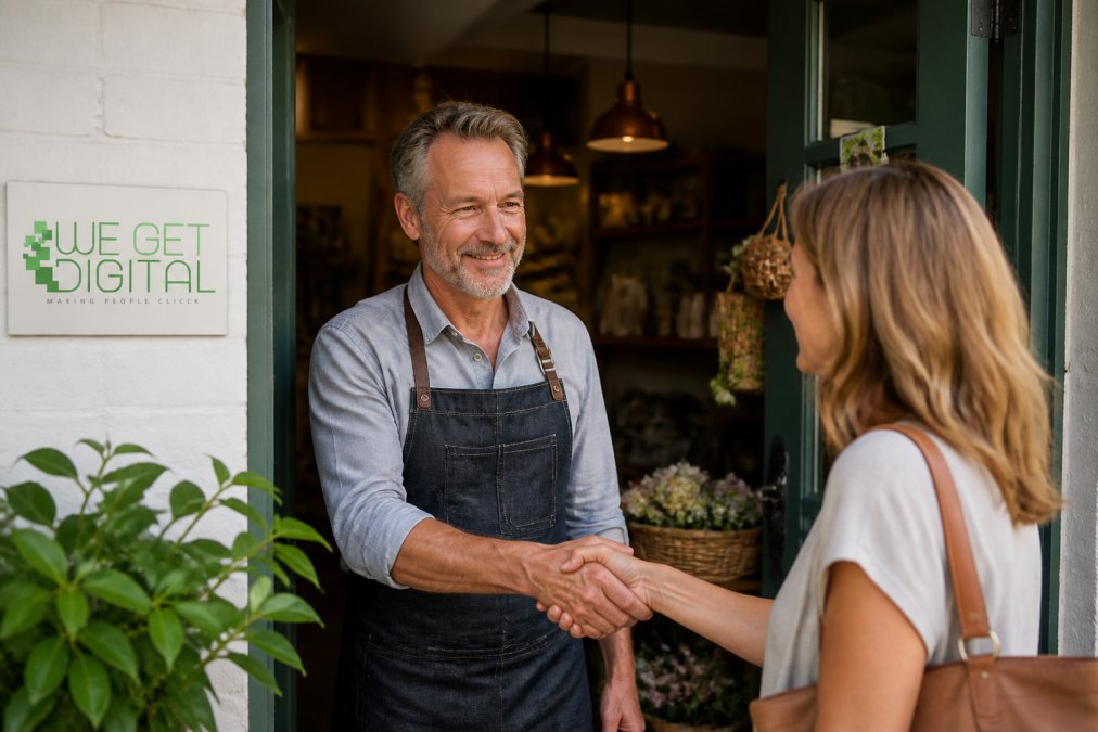 Local SEO Hertfordshire Business Services: 2026 Guide 1 a friendly shop owner shaking hands with a customer, highlighting why local seo services for hertfordshire businesses matter.
