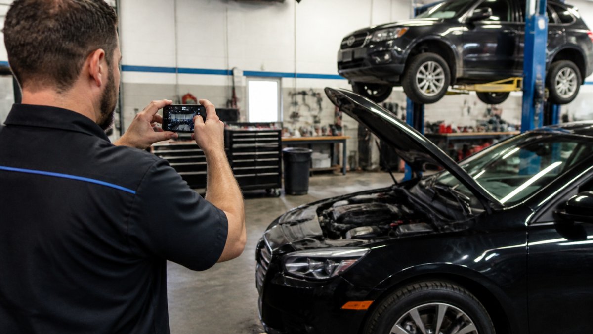 Auto repair shop owner photographing a car for a local SEO update on their Google Business Profile