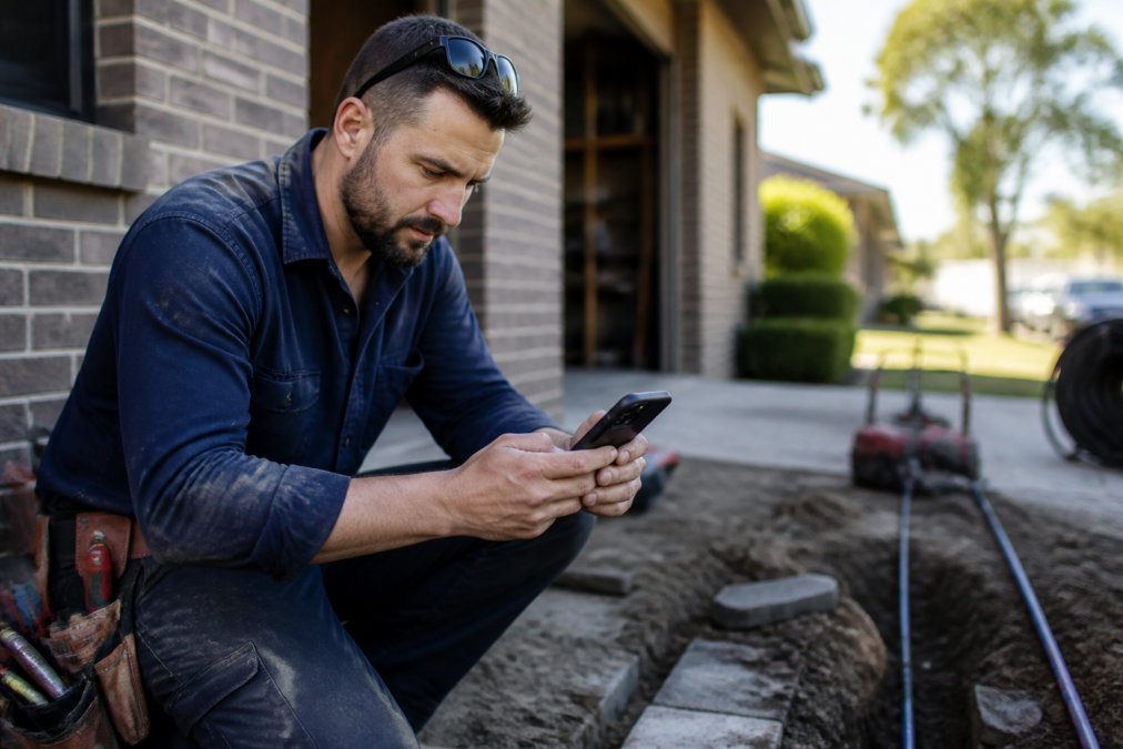 Tradesperson on active job site checking smartphone displaying Google Business Profile with customer reviews and service area details visible on screen, natural daylight
