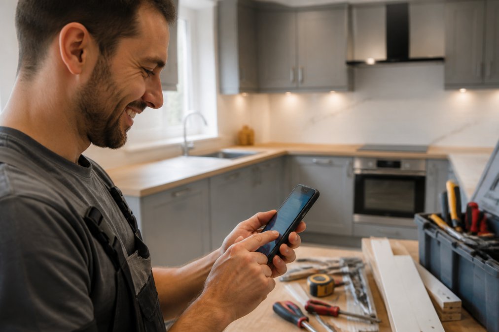 Close-up of satisfied customer's hands holding smartphone, smiling while typing positive review, with completed trade work (renovated kitchen, painted wall, or installed fixture) visible in soft background blur