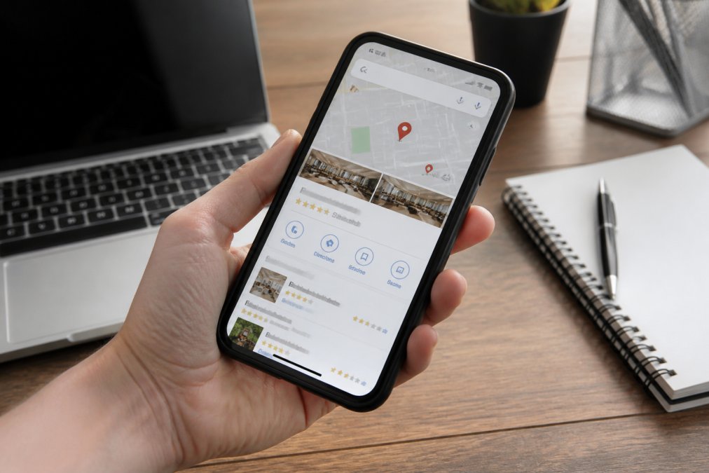 Close-up of a smartphone screen displaying Google Maps with local business results, customer reviews visible, and a map pin marking the selected business location