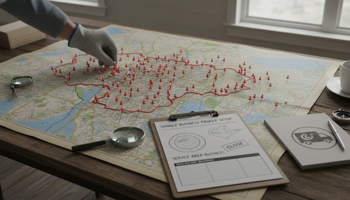 Close-up of hands holding a smartphone displaying a Google Business Profile map with service area pins scattered across a city map, warm indoor lighting