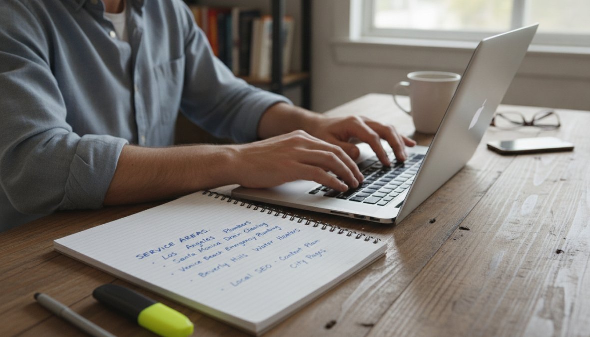 Small business owner typing on a laptop at a wooden desk, notepad beside the keyboard with city names and service keywords written in pen, natural window light from the left
