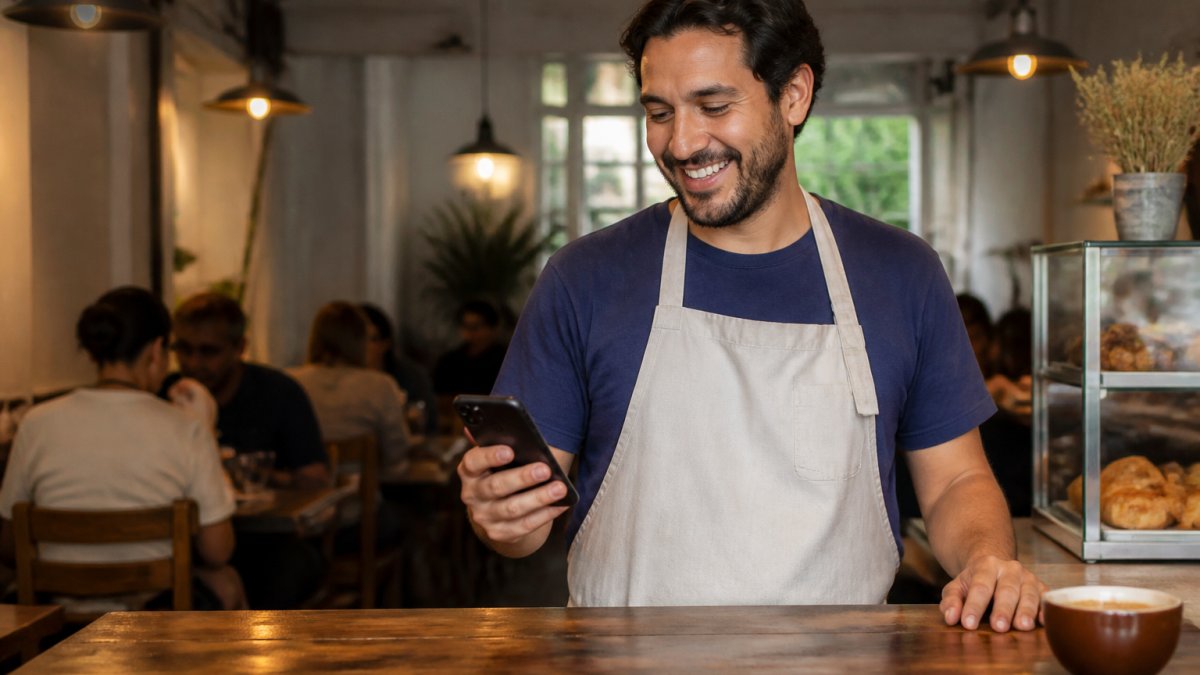 A restaurant owner standing behind the counter of a small independent cafe, holding a smartphone and smiling while looking at the screen, warm interior lighting with diners visible in the background