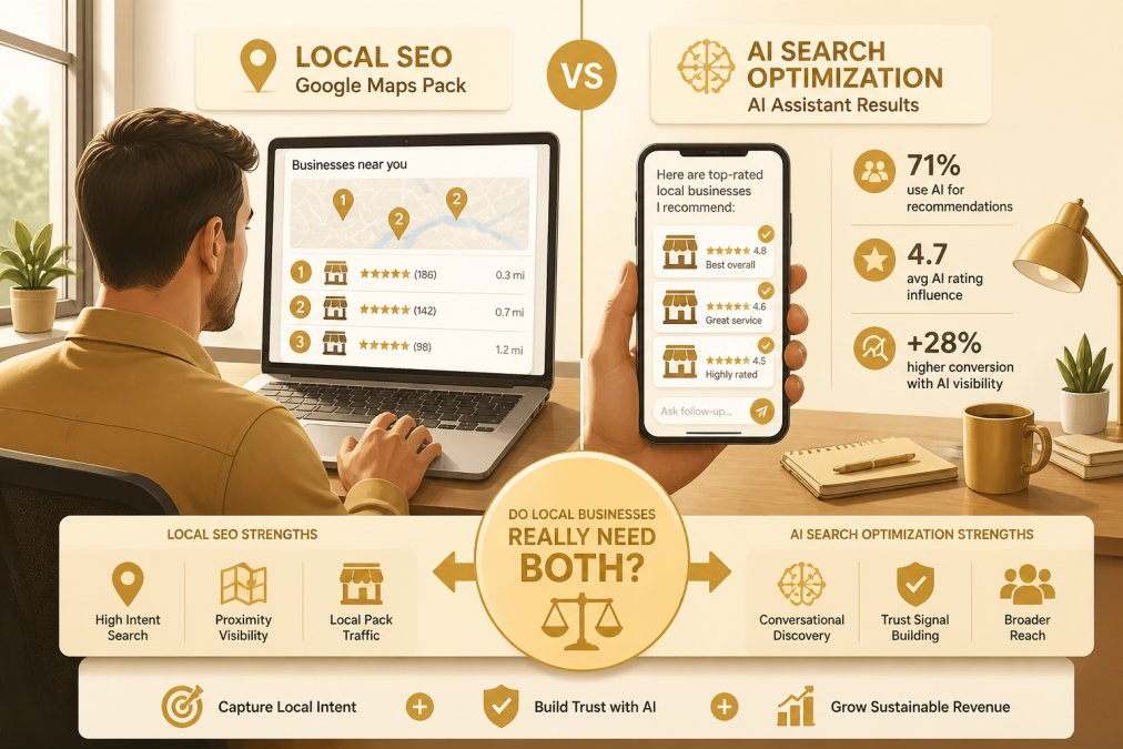 Infographic comparing local SEO vs AI search optimization results on laptop and smartphone screens