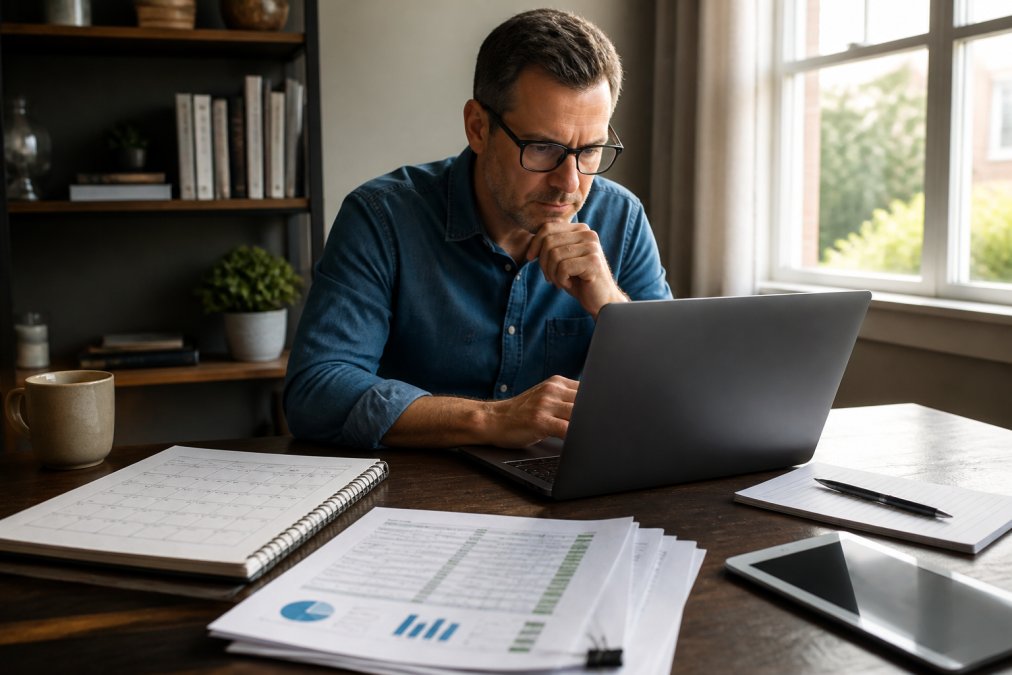 Small business owner reviewing SEO strategy on laptop with calendar and budget spreadsheet visible on desk, natural window lighting, focused expression