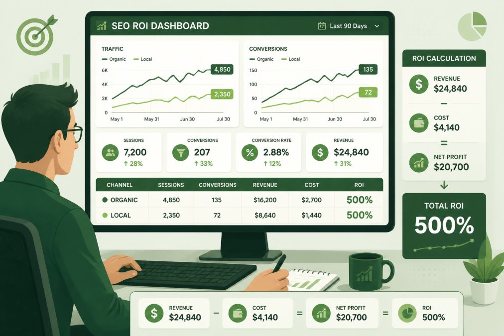 Marketing manager analyzing analytics dashboard on computer screen showing traffic graphs, conversion metrics, and ROI calculations with focused concentration