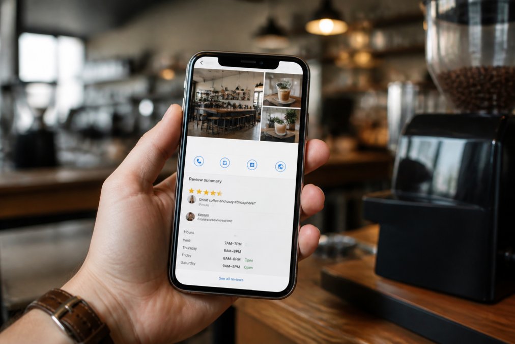 Close-up of a smartphone screen displaying a Google Business Profile with complete business information, high-quality photos of the business interior, customer review section with star ratings, and business hours clearly visible