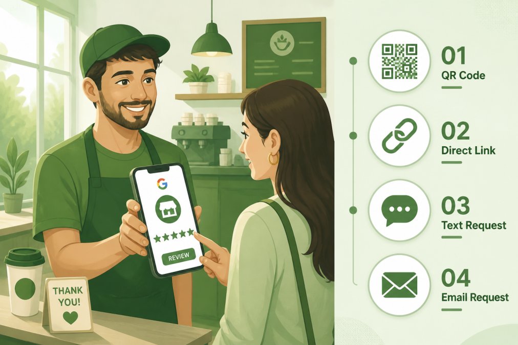 A small business owner in casual clothing holding a smartphone, showing a customer the Google review request on the screen, set in a bright coffee shop or service location with warm natural lighting from windows