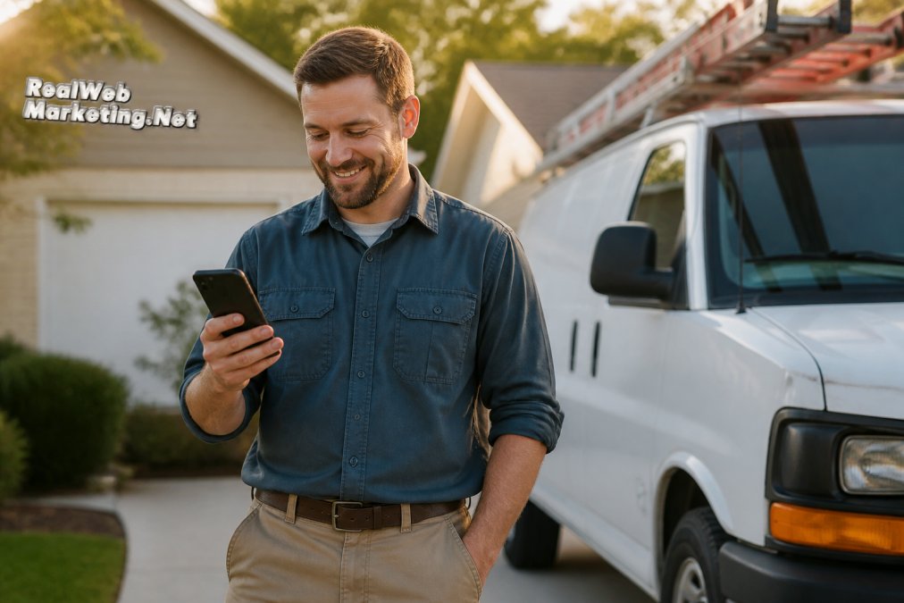 A contractor in a work shirt reading a positive customer review on his smartphone, standing beside his service van in a residential driveway during late afternoon light