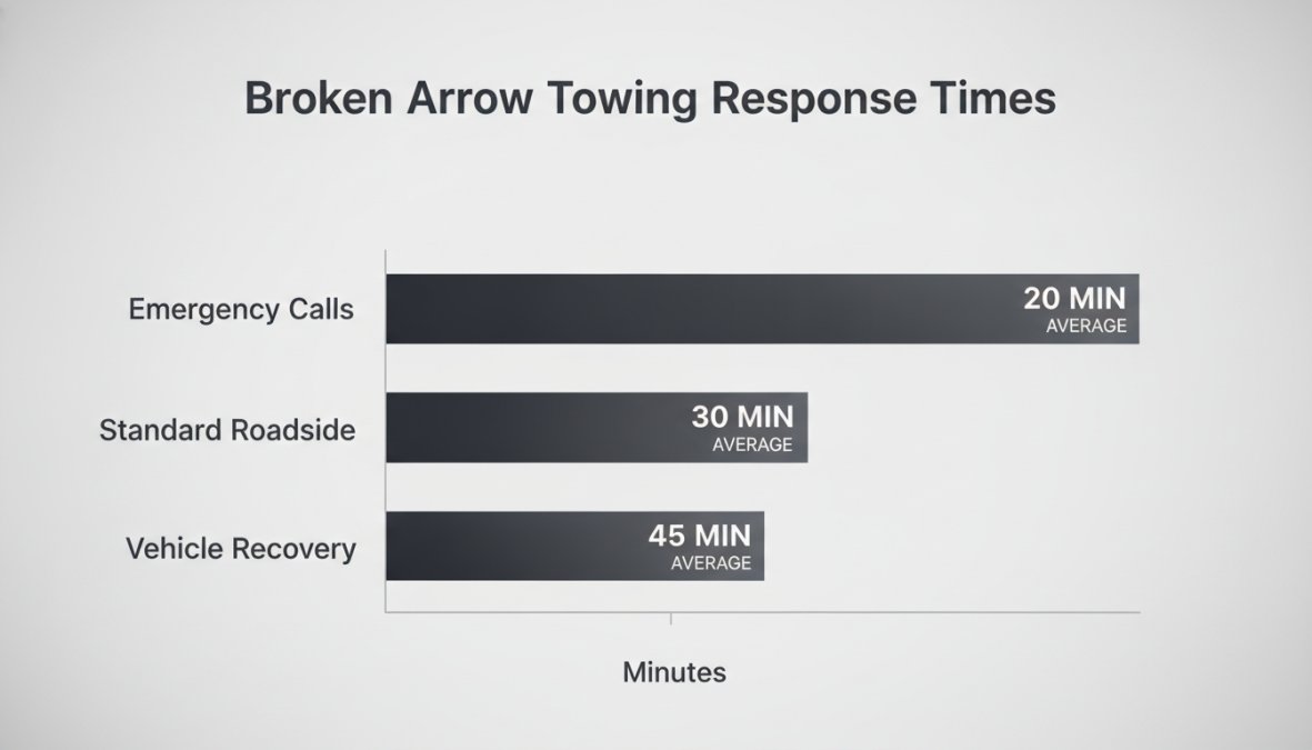 Bar chart comparing response times for local towing company Broken Arrow: Emergency calls within 20 minutes average, Standard roadside assistance within 30 minutes, Vehicle recovery within 45 minutes