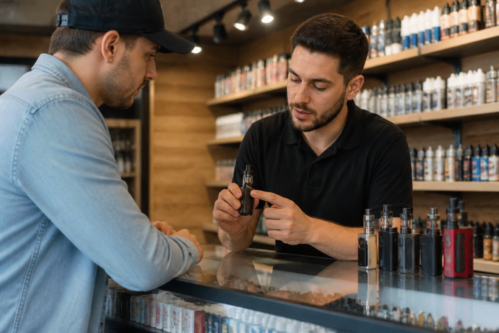 A knowledgeable vape shop staff member assisting a customer at a retail counter, showing them a refillable device and explaining its features, with rows of branded vaping devices visible in the background under bright store lighting