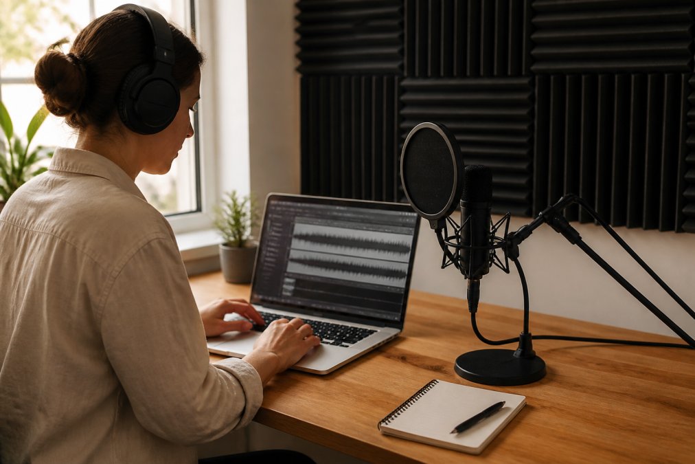 A podcast creator sitting at a home desk with headphones, editing audio on a laptop, with a microphone and acoustic foam panels visible in the background