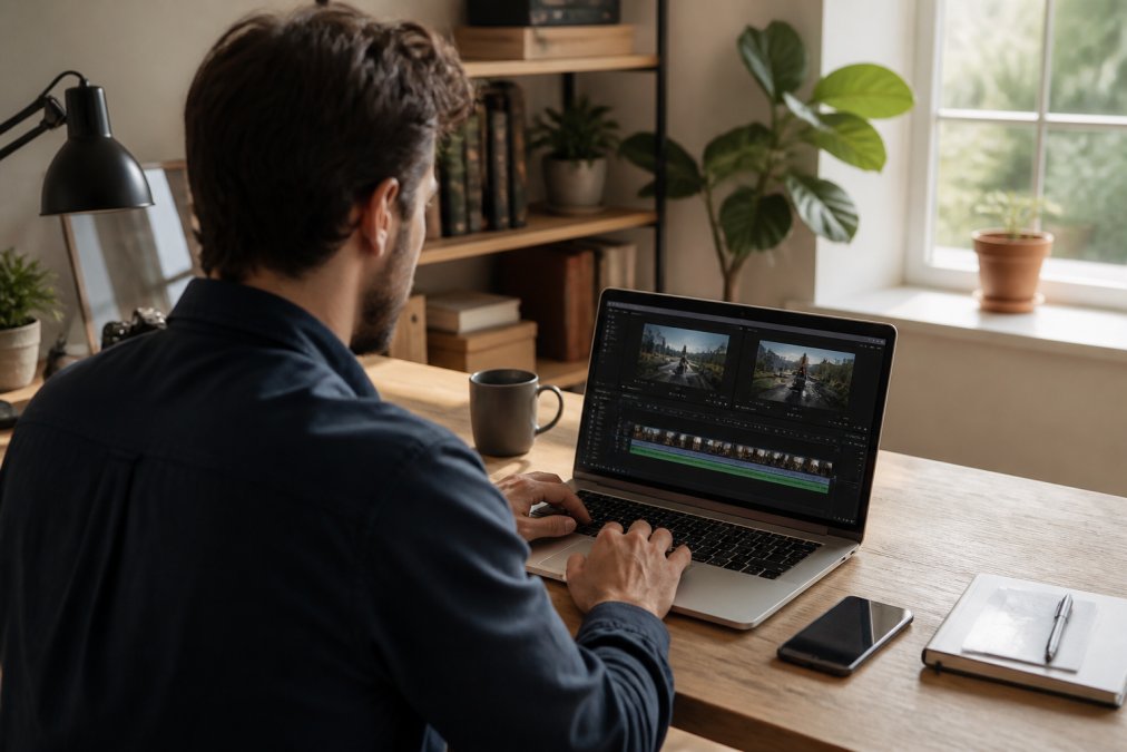 A person editing video on a laptop to illustrate the process of browser-based media conversion in a home office