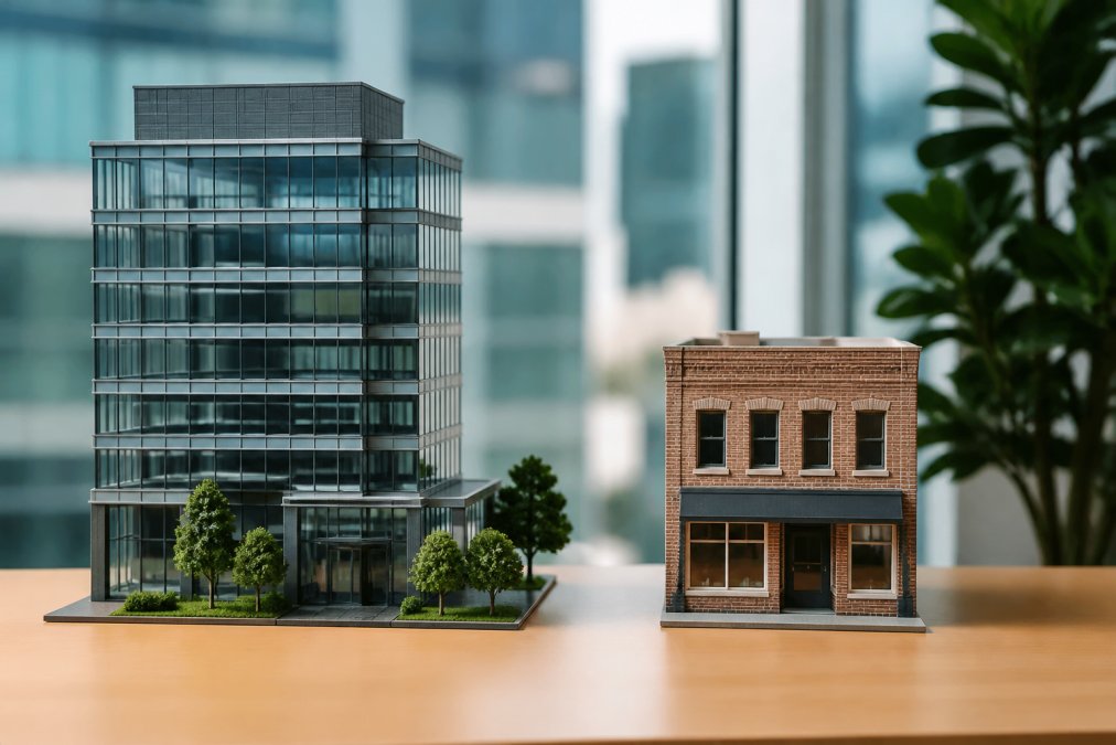 Small business owner reviewing lease documents at a desk in a bright private office with floor-to-ceiling windows