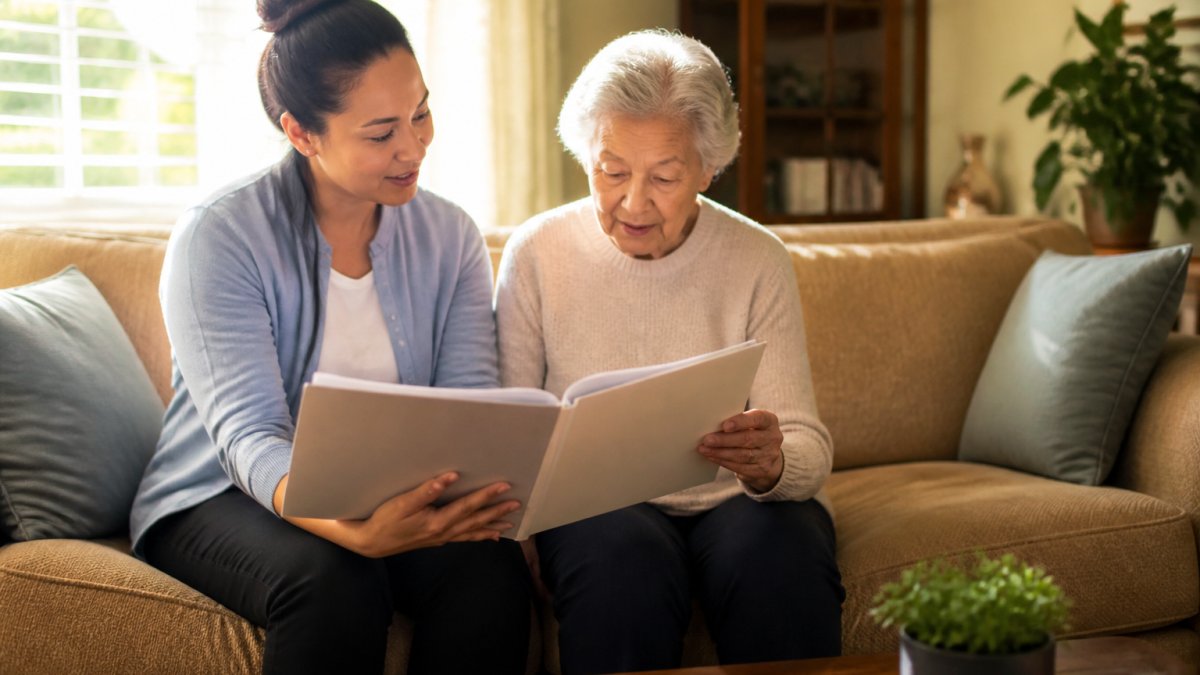 A caregiver in a soft cardigan sitting beside an older adult on a sunlit living room sofa, both reviewing a printed care plan folder together, warm afternoon light through window blinds