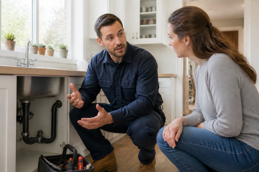 Professional plumber in work uniform discussing plumbing repairs with homeowner in residential kitchen, with natural window lighting and visible plumbing fixtures in background