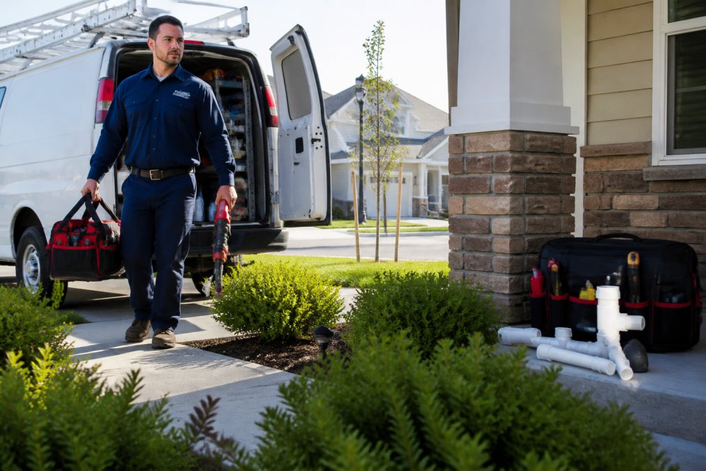 Certified plumber arriving at residential property with service truck and tools, professional uniform visible, preparing to address emergency plumbing issue in daylight