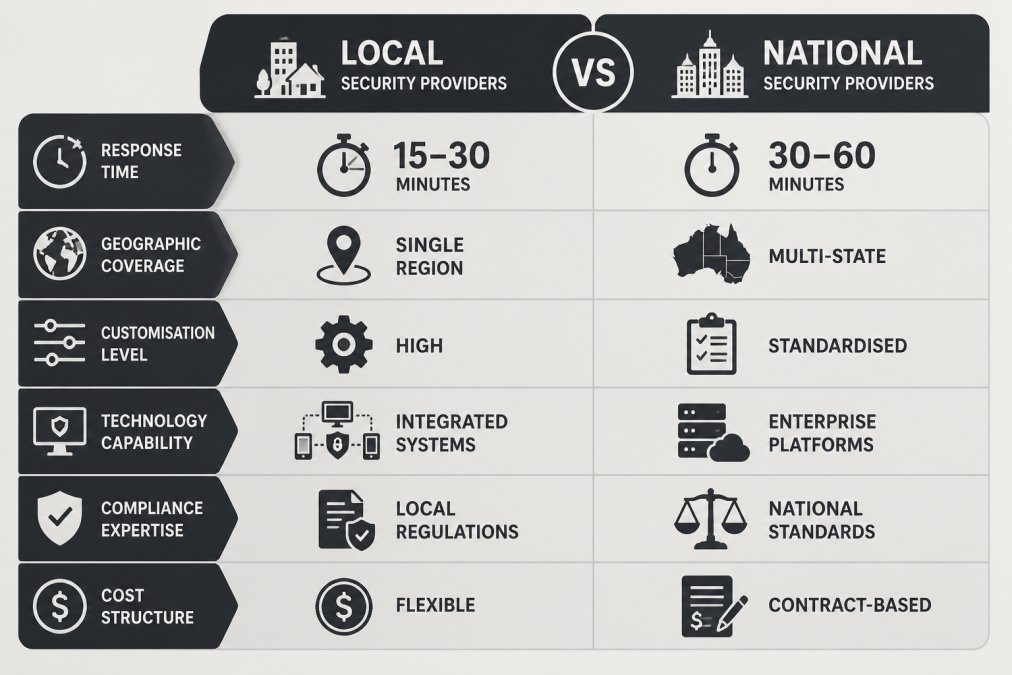 Comparison matrix of Local vs National security providers across response time (15-30 minutes vs 30-60 minutes), geographic coverage (single region vs multi-state), customisation level (high vs standardised), technology capability (integrated systems vs enterprise platforms), compliance expertise (local regulations vs national standards), and cost structure (flexible vs contract-based)