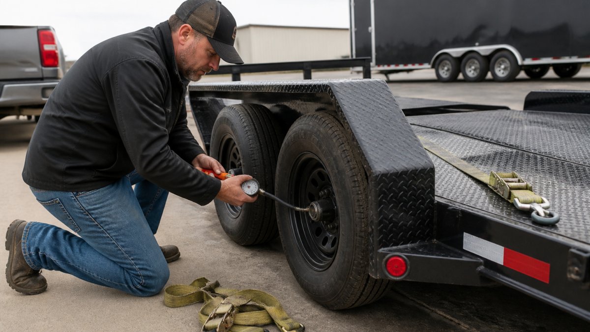Technician inspecting tires and straps on a car hauler during a local trailer rental safety check.
