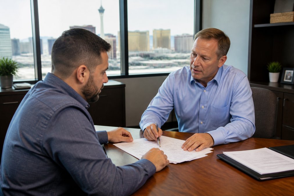 Professional insurance agent sitting across from client at wooden desk, reviewing policy documents together, warm office lighting with windows showing Las Vegas skyline