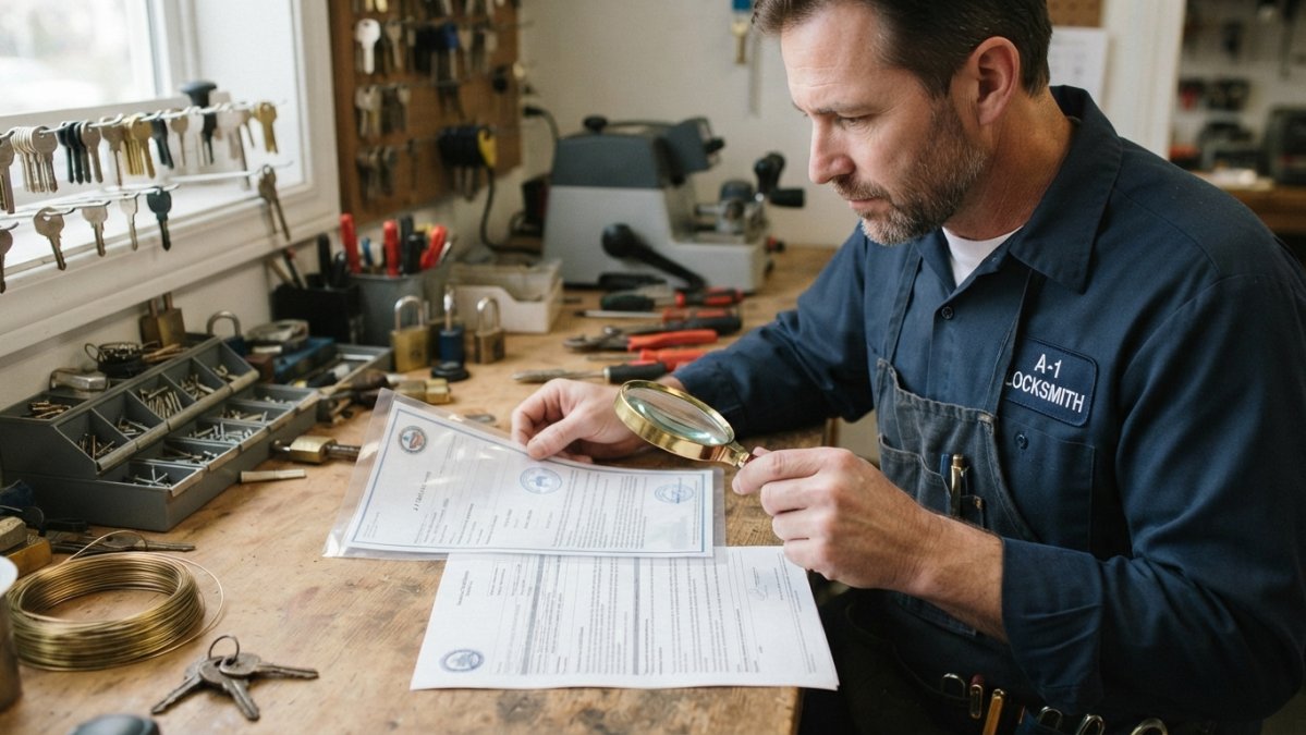 Professional locksmith holding official state license and insurance certificate documents on desk with magnifying glass examining credentials