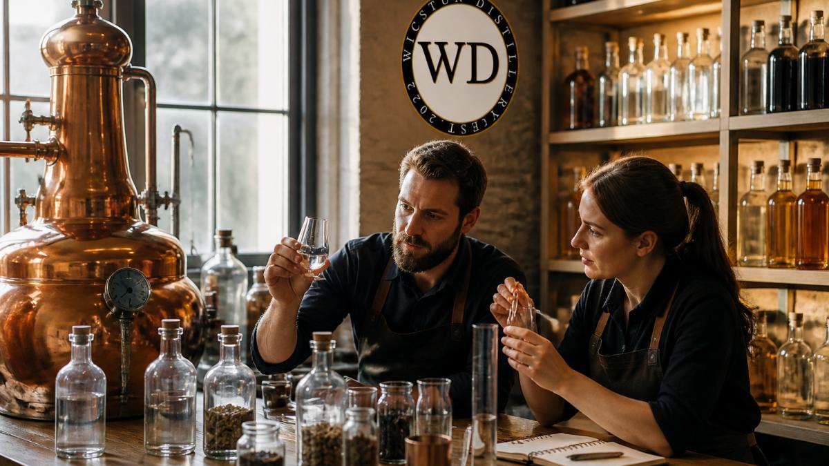 Artisan distillery workspace with copper stills catching warm amber light, shelves displaying handcrafted bottles with golden labels, and distillery workers examining spirits in glass samples