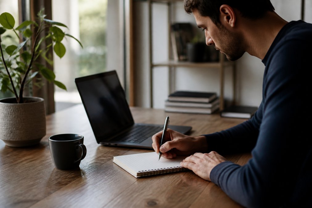 Business professional analyzing sales data and conversion metrics on a laptop while taking detailed notes, with a coffee cup nearby on a modern desk with soft natural lighting