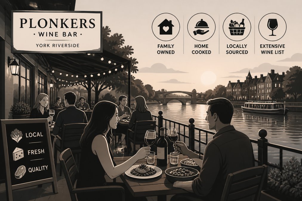 Riverside terrace at Plonkers Wine Bar with tables overlooking the water on a warm evening, diners enjoying meals with wine glasses and plates of home-cooked food visible, warm golden light reflecting off the river