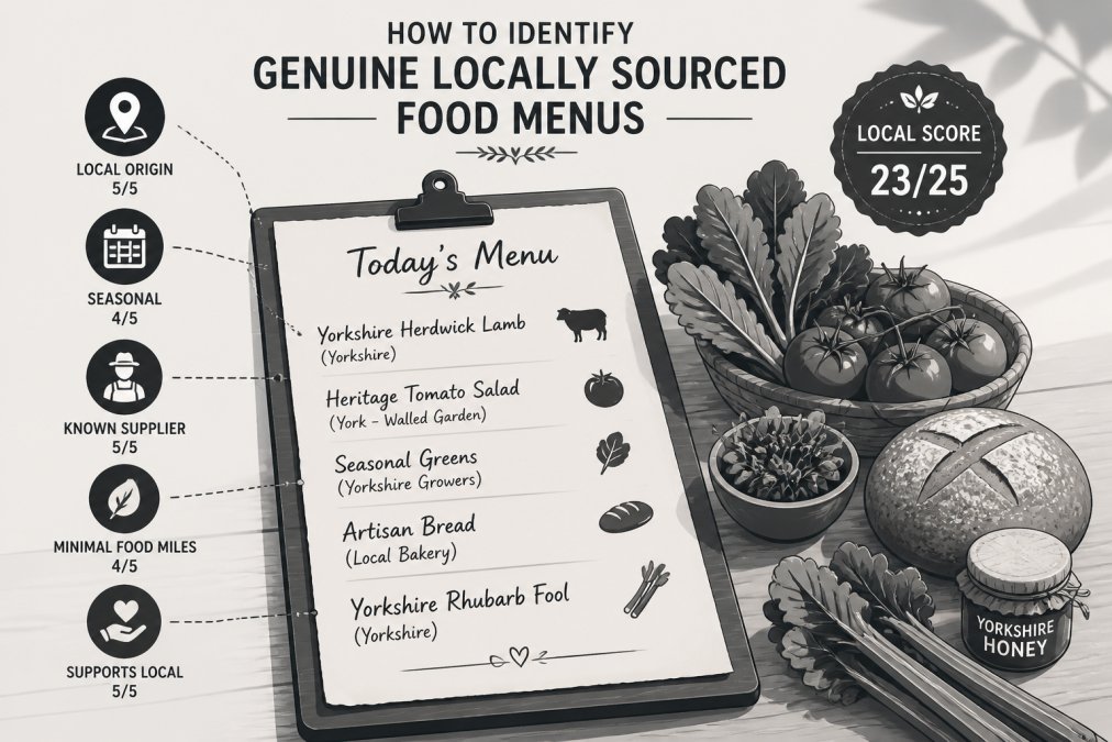 Close-up of a restaurant menu handwritten on cream paper, with fresh locally grown vegetables and artisan ingredients arranged on a wooden table alongside the menu, natural daylight streaming across the scene