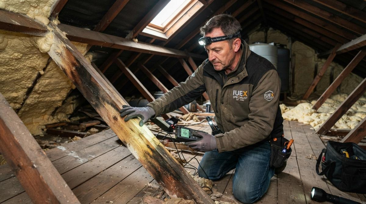 Professional inspector checking roof timbers for damage during a LocalSprayFoamRemoval vs SmartSprayFoamRemoval audit