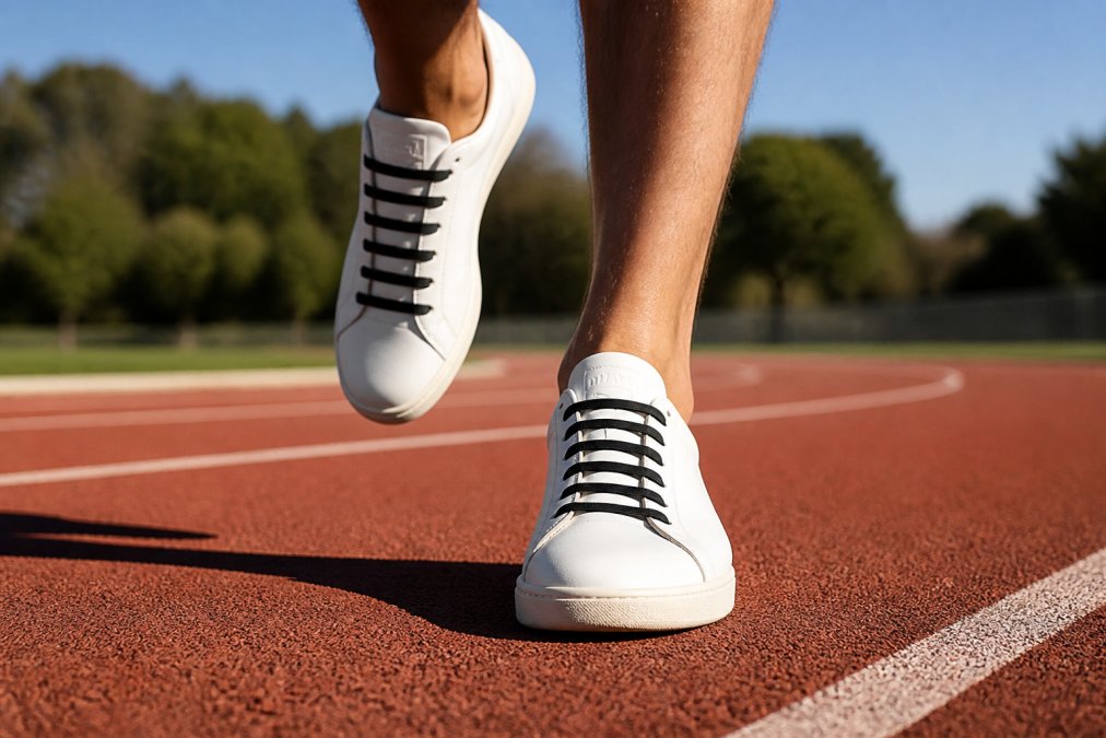 Runner's feet in mid-stride on outdoor track wearing sneakers with elastic laces visible, showing secure fit during athletic movement with natural outdoor lighting