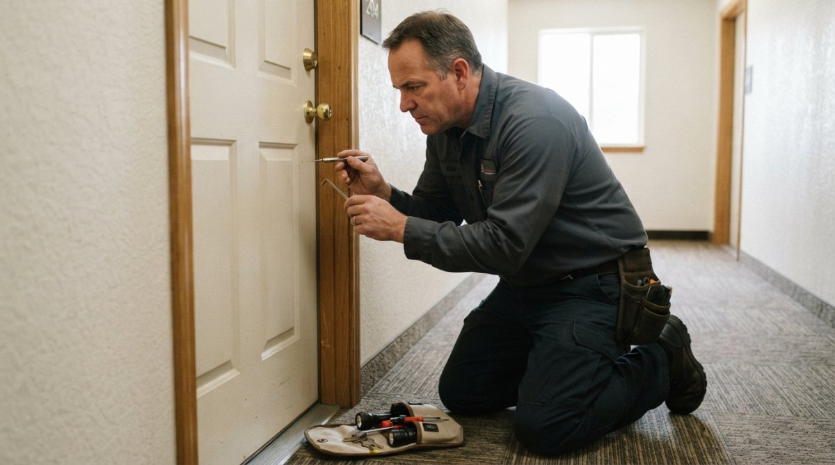Maintenance technician using a tension wrench and pick tool to open a residential door lock during daylight