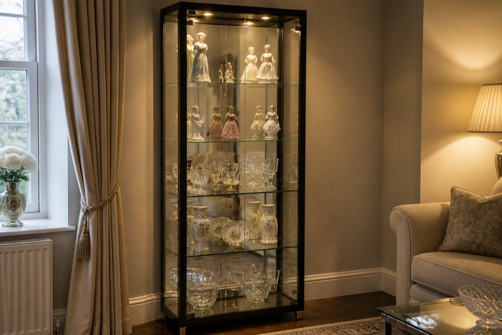 Professional home interior with a floor-standing glass display cabinet featuring tempered glass doors and integrated LED lighting, displaying fine porcelain figurines and crystal glassware on adjustable shelves, with warm ambient lighting highlighting the merchandise
